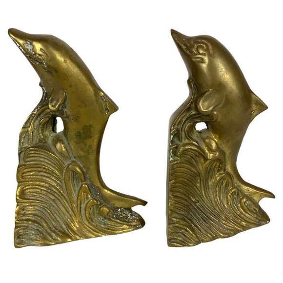 Vintage Brass Dolphin Waves Bookends Mid Century Home Library Decor Taiwan - Picture 6 of 8